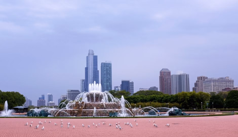 Scenic view of Buckingham Fountain with seagulls and Chicago skyline in the background during summer.